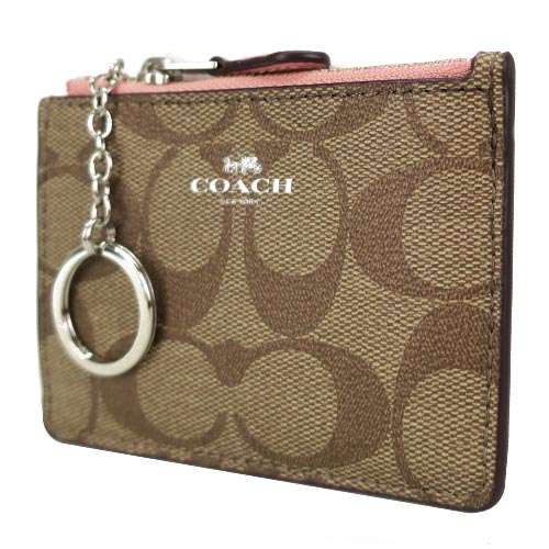 COACH LOGO緹花PVC鑰匙零錢夾(卡其櫻花粉)