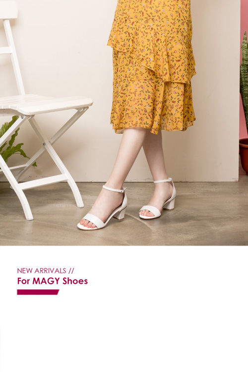 MAGY 摩登時尚 牛皮一字繫踝繞帶後包粗跟涼鞋-白色