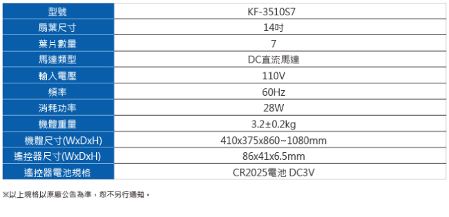 Haier海爾 14吋DC直流變頻七葉遙控風扇 KF-3510S7