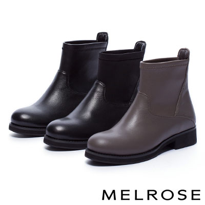 短靴 MELROSE 時尚率性異材質拼接純色粗低跟短靴－黑