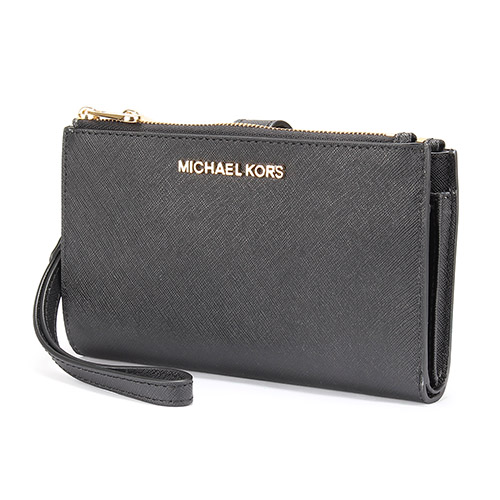 MICHAEL KORS JET SET金字LOGO素面防刮皮革雙層手拿長夾-黑色