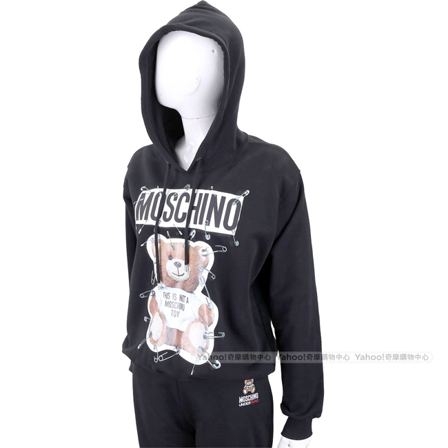 MOSCHINO 別針泰迪熊印花黑色連帽運動衫