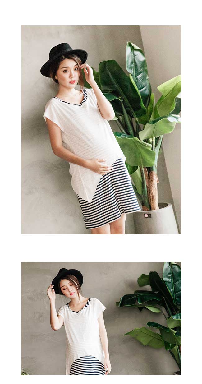 日系小媽咪孕婦裝-台灣製哺乳衣~二件式素面搭條紋背心洋裝 (共二色)