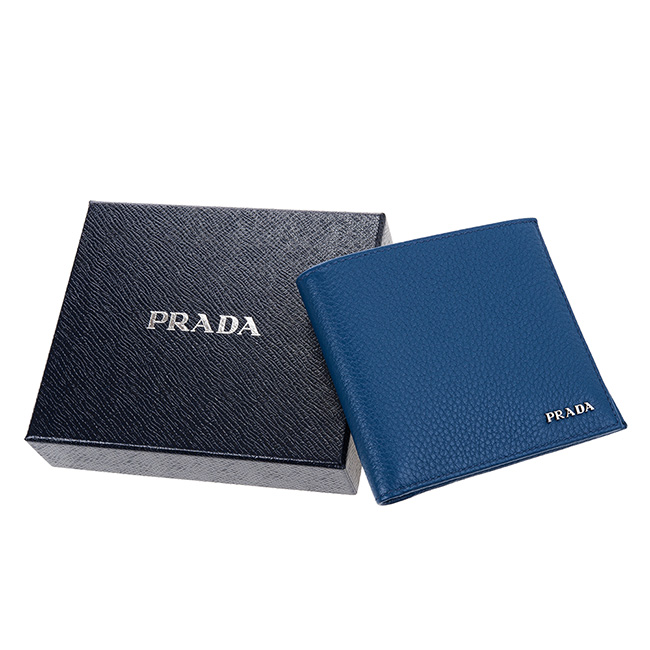 PRADA SAFFIANO METAL系列金屬LOGO荔枝牛皮對折零錢短夾 (藍色)