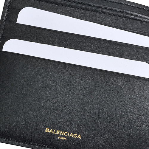 BALENCIAGA 義大利製金色浮雕LOGO標誌小牛皮八卡對折短夾(黑色)