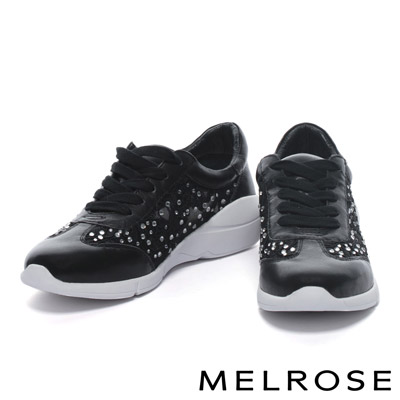 休閒鞋 MELROSE 異材質拼接華麗白鑽刺繡網布綁帶厚底休閒鞋－黑