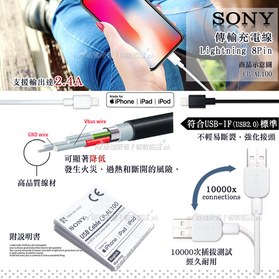 SONY原廠 iPhone Lightning MFI認證 傳輸充電線-白CP-AL100