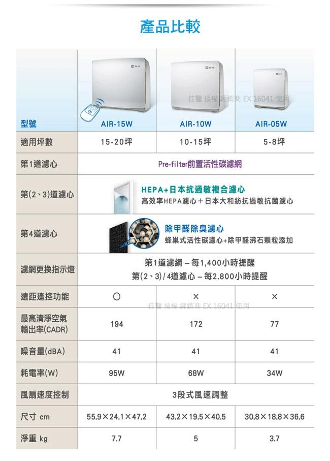 佳醫超淨 10-15坪 抗過敏空氣清淨機 AIR-10W