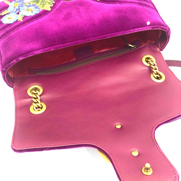 GUCCI-Marmont 翻蓋LOVED手工繡花雙鍊包 30CM（波爾多紫紅）