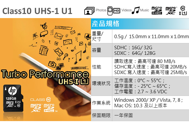 HP 64GB UHS-1 microSDXC 記憶卡 U1 (含轉卡)