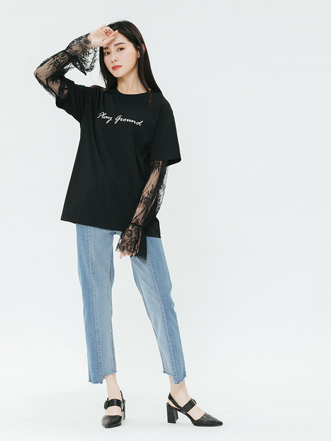 H:CONNECT 韓國品牌 女裝-網紗拼接袖造型上衣-黑