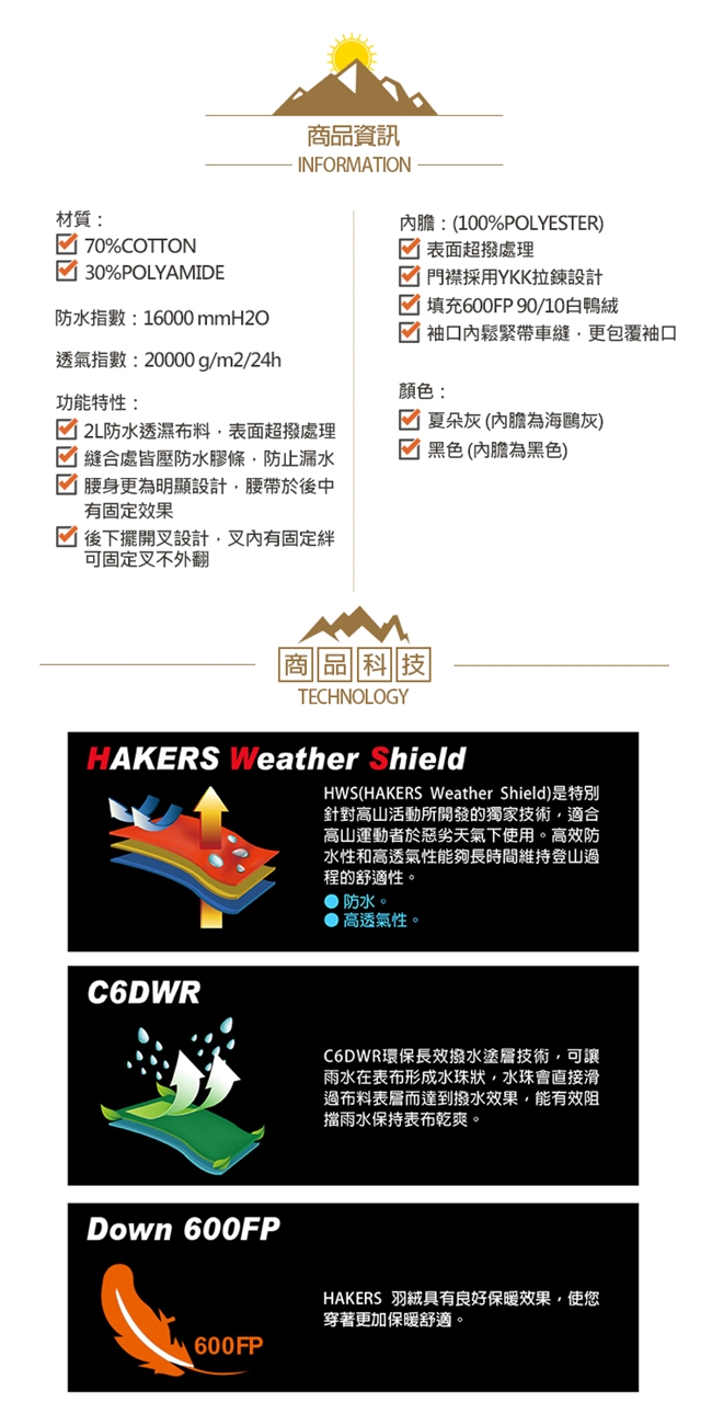 【HAKERS 哈克士】女款 三合一城市防水羽絨外套(黑色)