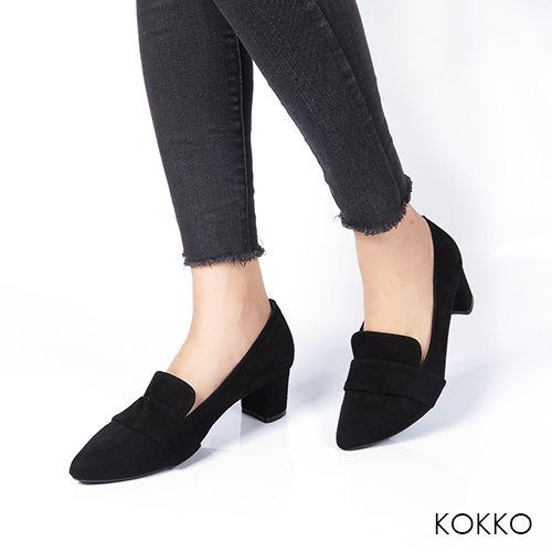 KOKKO- 女紳風範尖頭透氣真皮樂福粗跟鞋-霧面黑