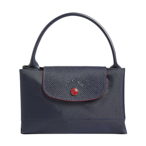 LONGCHAMP Le Pliage系列經典刺繡LOGO短提把手提包(中) 海軍藍