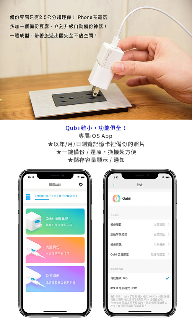 Qubii 蘋果MFi認證 自動備份豆腐頭 + 128GB記憶卡