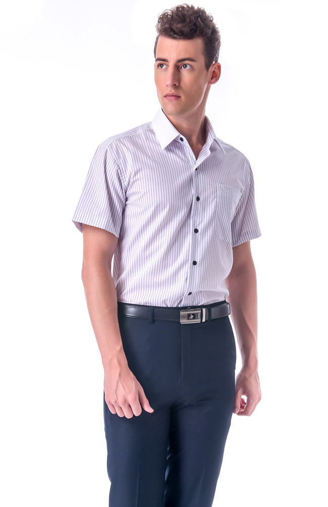 金‧安德森 白領藍條紋窄版短袖襯衫