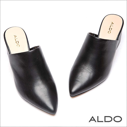 ALDO 原色真皮尖頭復古方形粗跟懶人穆勒鞋~尊爵黑色