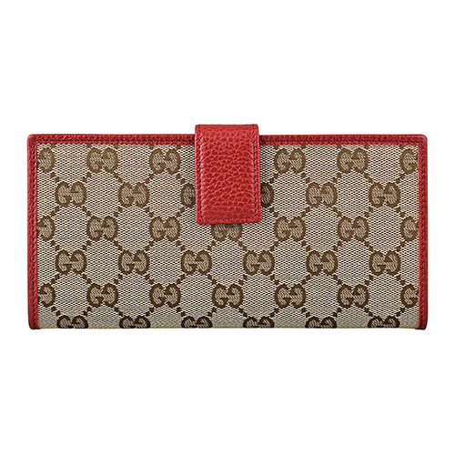 GUCCI經典雙G LOGO緹花布滾邊牛皮7卡釦式長夾(紅)