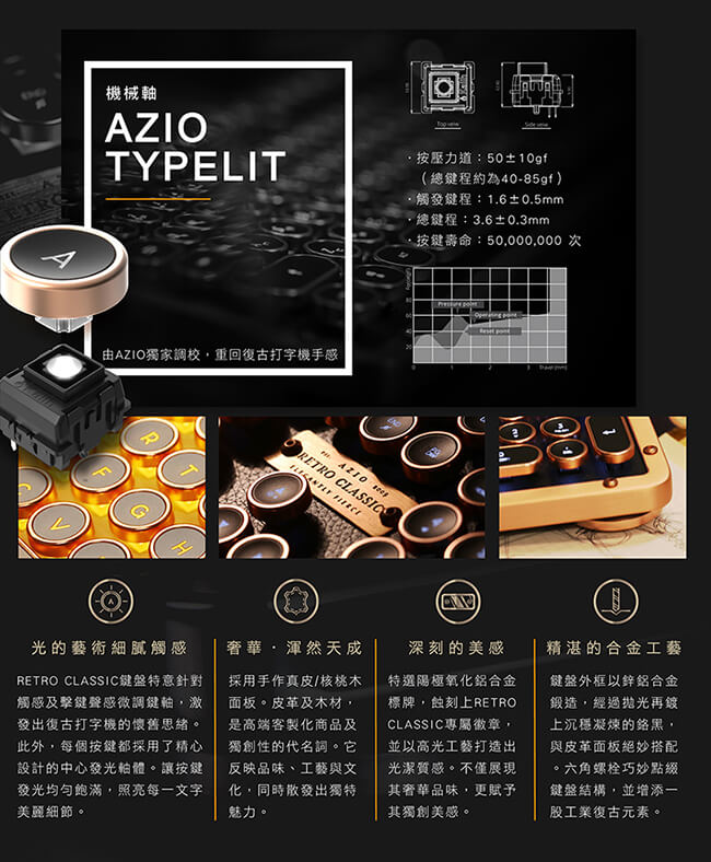 AZIO RETRO ARTISAN BT 藍芽真牛皮打字機鍵盤(PC/MAC)中英鍵帽