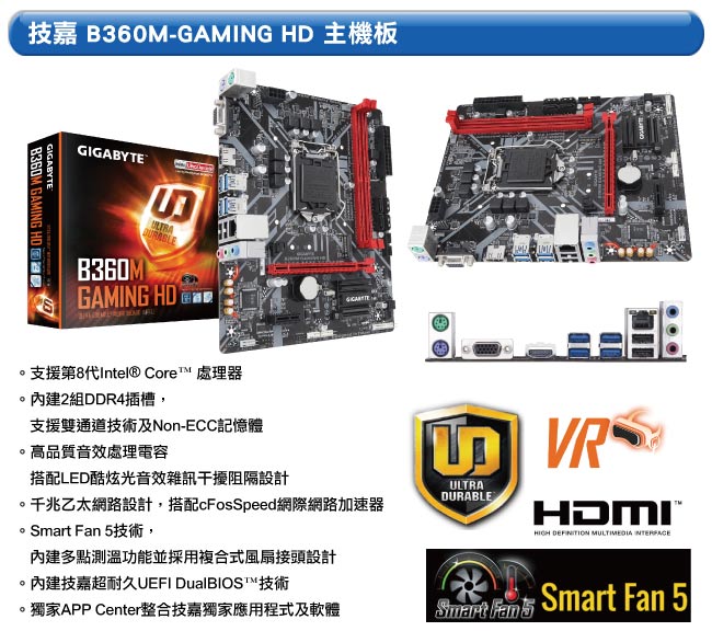 技嘉B360M-GAMING HD+技嘉GTX1050 OC+8GB記憶體 超值組