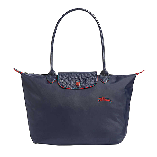 LONGCHAMP Le Pliage系列經典刺繡LOGO長提把手提/肩背包(小) 海軍藍