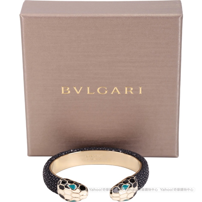 BVLGARI 寶格麗 Serpenti Forever 雙蛇頭黑色珍珠魚皮金屬手環