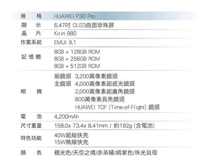 嫣紫色【官旗】HUAWEI P30 Pro (8G/256G) 6.47吋徠卡四鏡頭手機-嫣紫色