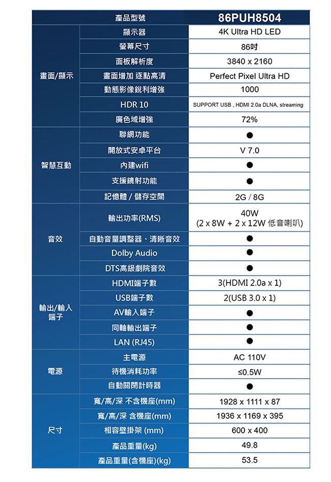 《送壁掛架及安裝&原廠B1聲霸》PHILIPS飛利浦 86吋86PUH8504 4K HDR聯網情境光源液晶顯示器附視訊盒