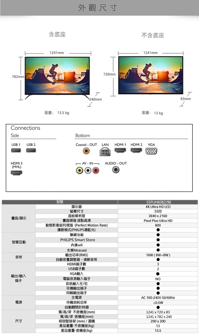 PHILIPS飛利浦 55吋 4K 聯網 液晶顯示器+視訊盒 55PUH6082