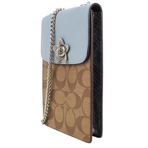 COACH 經典緹花茶香玫瑰旋扣拼接蛇紋鏈帶手機包(藍)