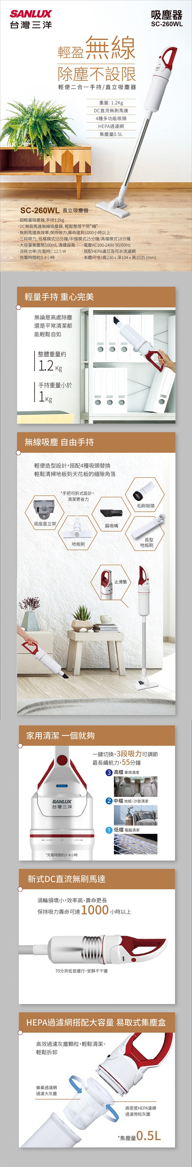 SANLUX 台灣三洋 超輕量 直立式 無線 手持吸塵器 SC-260WL