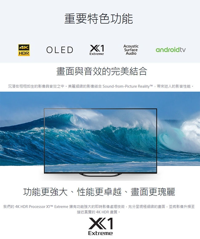 SONY索尼 55吋 4K HDR OLED智慧聯網液晶電視 KD-55A8G