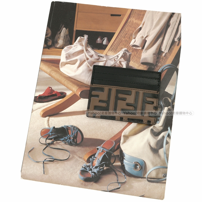 FENDIFF配色小牛皮浮雕卡片夾(黑x棕)