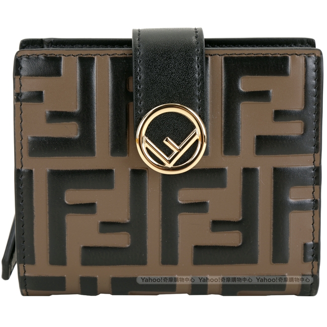 FENDIFF 配色小牛皮浮雕釦式短夾(黑x棕)