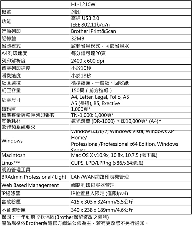 Brother HL-1210W 無線黑白雷射印表機 +TN-1000原廠碳粉匣超值組