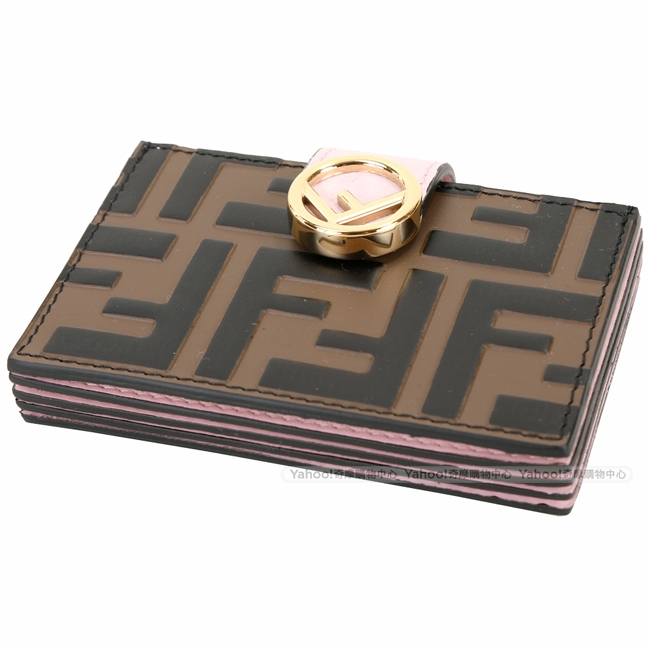 FENDI RAMAFF配色小牛皮浮雕釦式卡片夾(粉x棕)