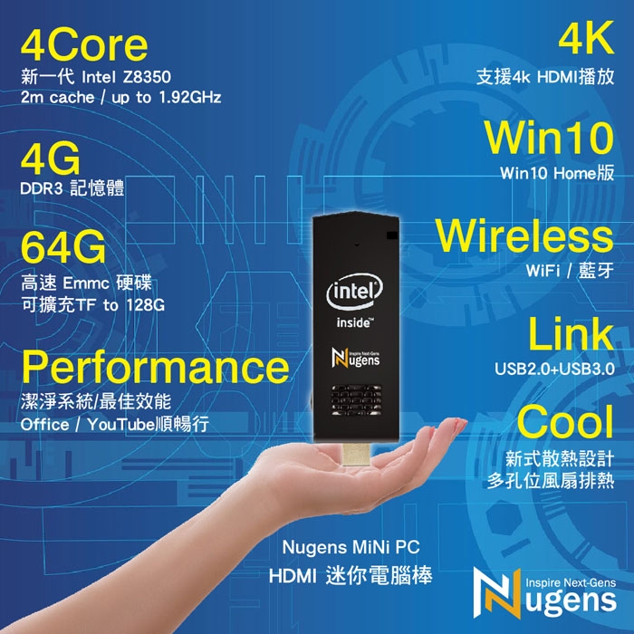 Nugens MiNi PC HDMI迷你電腦棒(4G/64G+64GMicroSD)全配