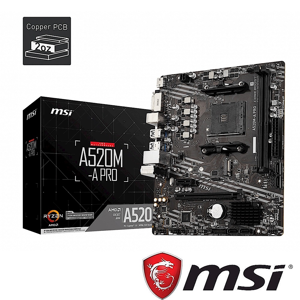 (A520+R5 3600) MSI微星 PRO A520M-A PRO 主機板 + AMD Ryzen 5 3600 3.6GHz 六核心 中央處理器 product image 1