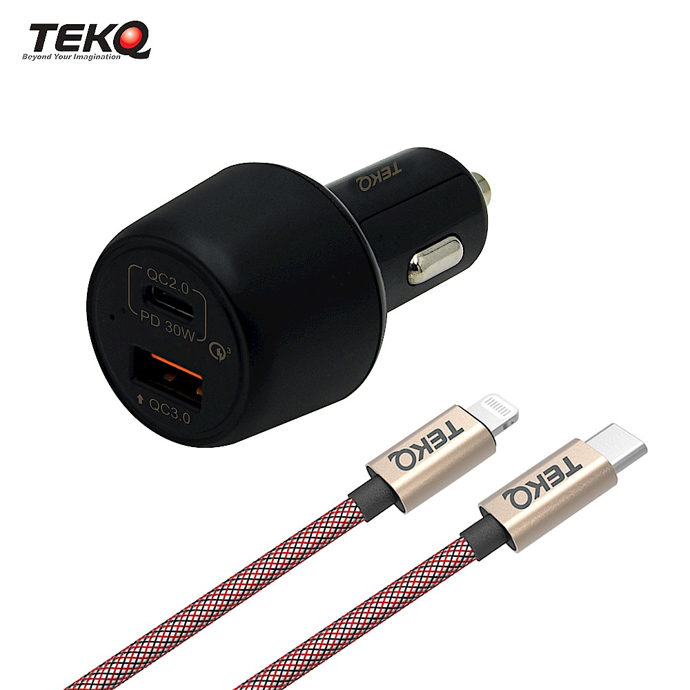 [組合] TEKQ 2孔 Type-C USB 48W 支援PD QC3.0 車充快充 + TEKQ 蘋果MFI認證 快充傳輸線 120cm product image 1