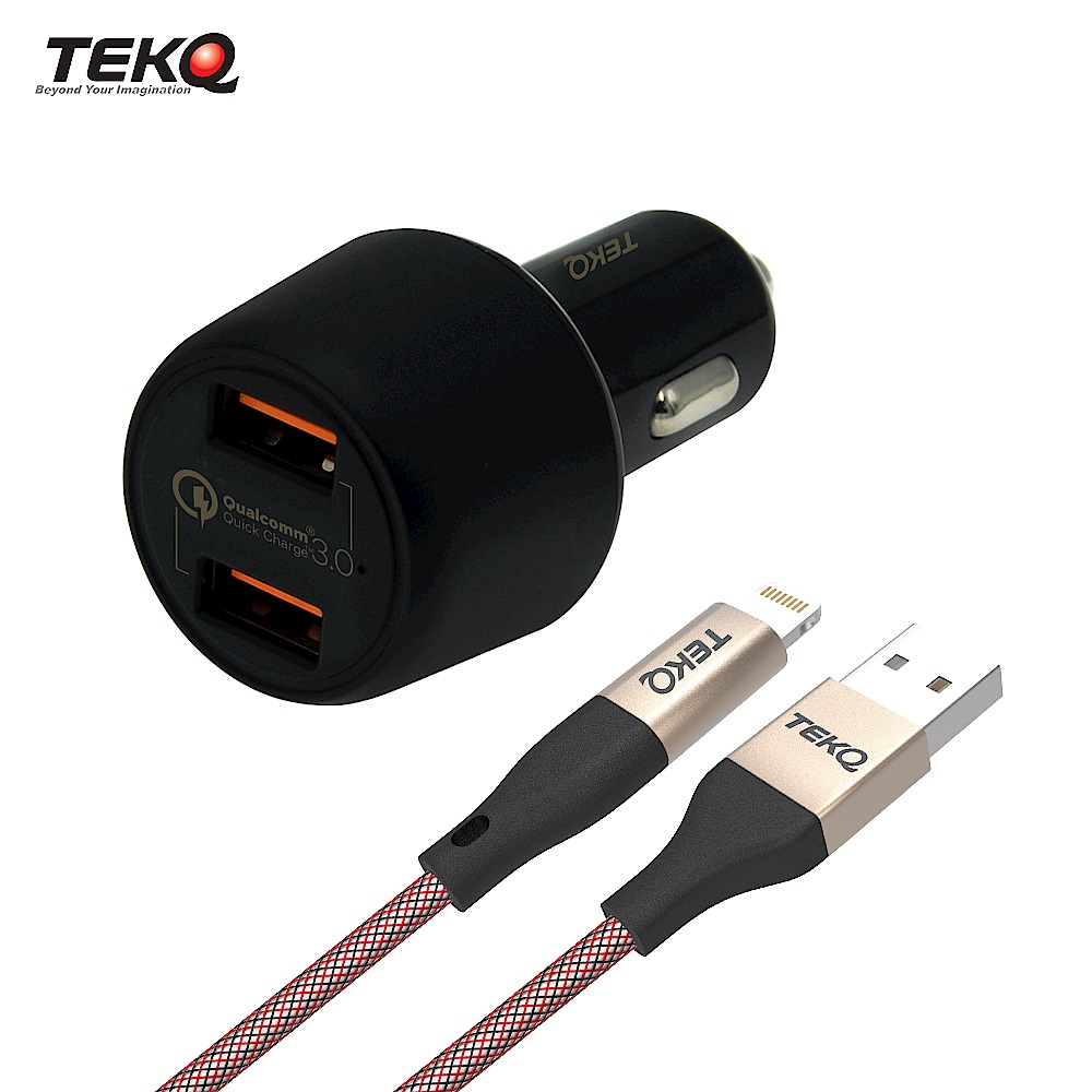 [組合]TEKQ 2孔 USB 36W QC3.0 車充快充充電器 + TEKQ uCable Apple lightning USB蘋果高速手機充電傳輸線-120cm product image 1