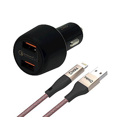 [組合]TEKQ 2孔 USB 36W QC3.0 車充快充充電器 + TEKQ uCable Apple lightning USB蘋果高速手機充電傳輸線-120cm product thumbnail 2
