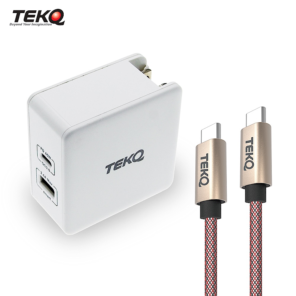 [組合] TEKQ 57W 2孔 USB-C USB PD QC3.0 快充旅充充電器 + TEKQ uCable USB-C 高速傳輸充電線-200cm product image 1