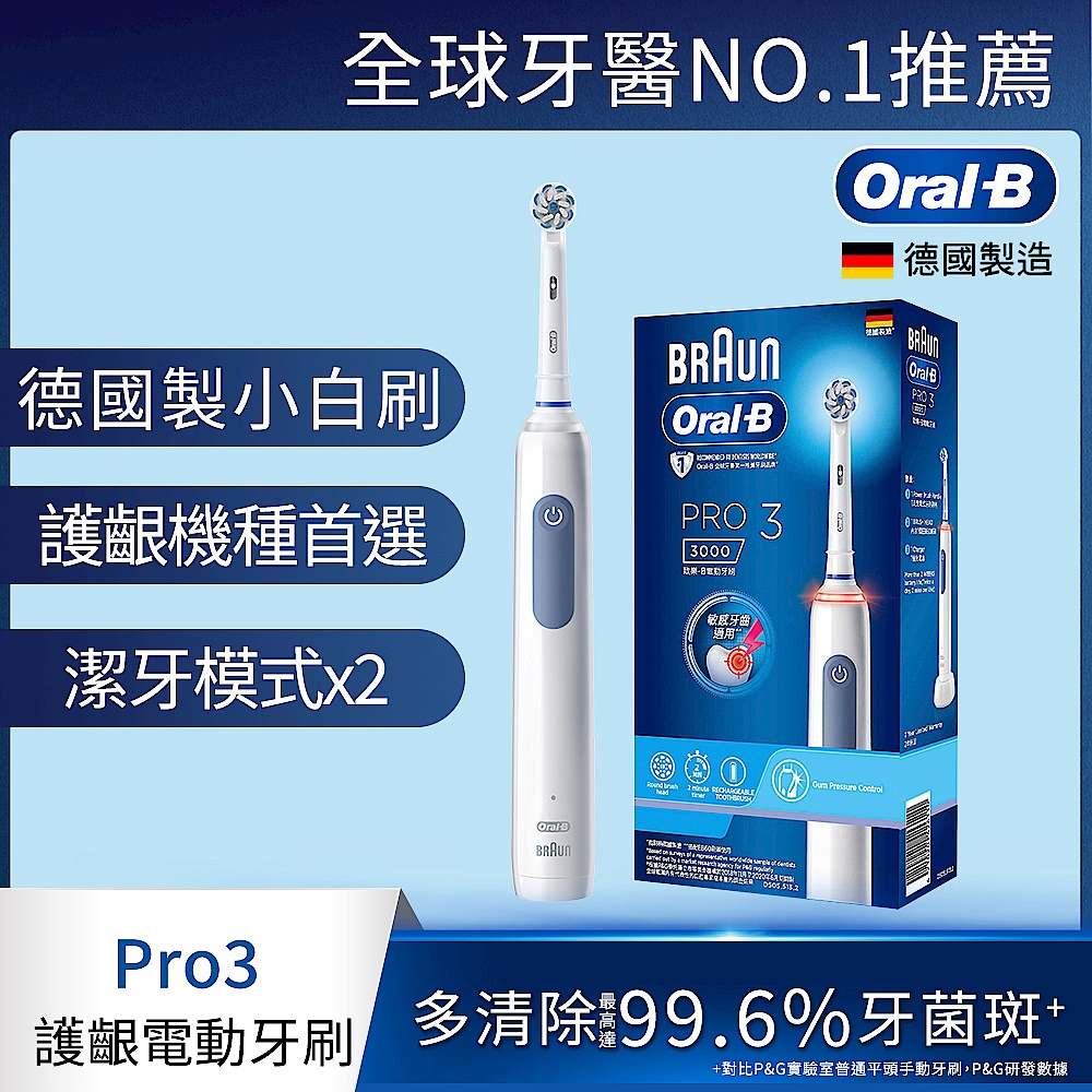 (二入) 德國百靈Oral-B-PRO3 3D電動牙刷 (經典藍) product image 1