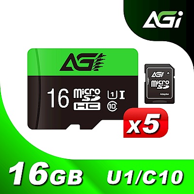 [五入組合]AGI 亞奇雷 microSDHC UHS-I (A1)16G記憶卡(附轉卡)