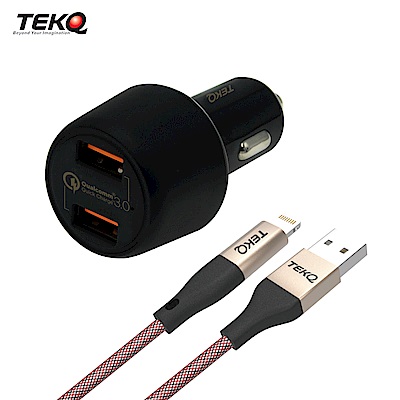 [組合]TEKQ 2孔 USB 36W QC3.0 車充快充充電器 + TEKQ uCable Apple lightning USB蘋果高速手機充電傳輸線-120cm