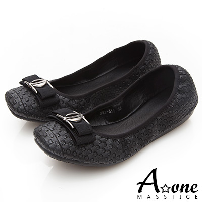 A one 金屬光澤編織方頭雙層蝴蝶結娃娃鞋-黑色