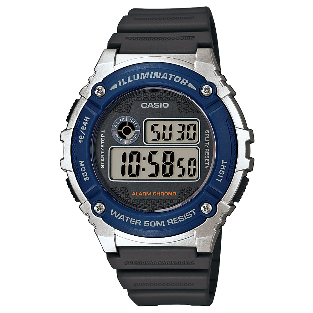 CASIO 元氣數位美學實用必備休閒錶(W-216H-2A)-黑灰x藍框/43mm