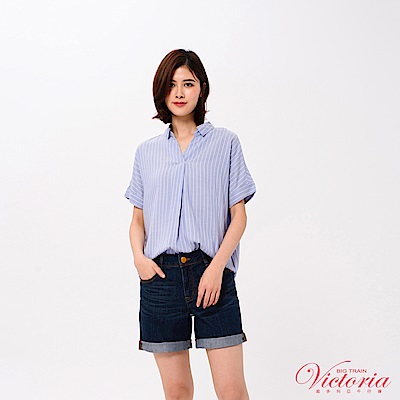 Victoria 半開襟落肩寬鬆短袖T-女-藍底白條