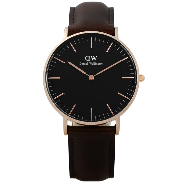 DW Daniel Wellington 旗艦真皮手錶-黑x玫瑰金框x深咖啡/36mm