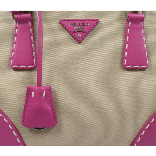 PRADA 三角LOGO帆布皮革拼接三層兩用包(桃紅)